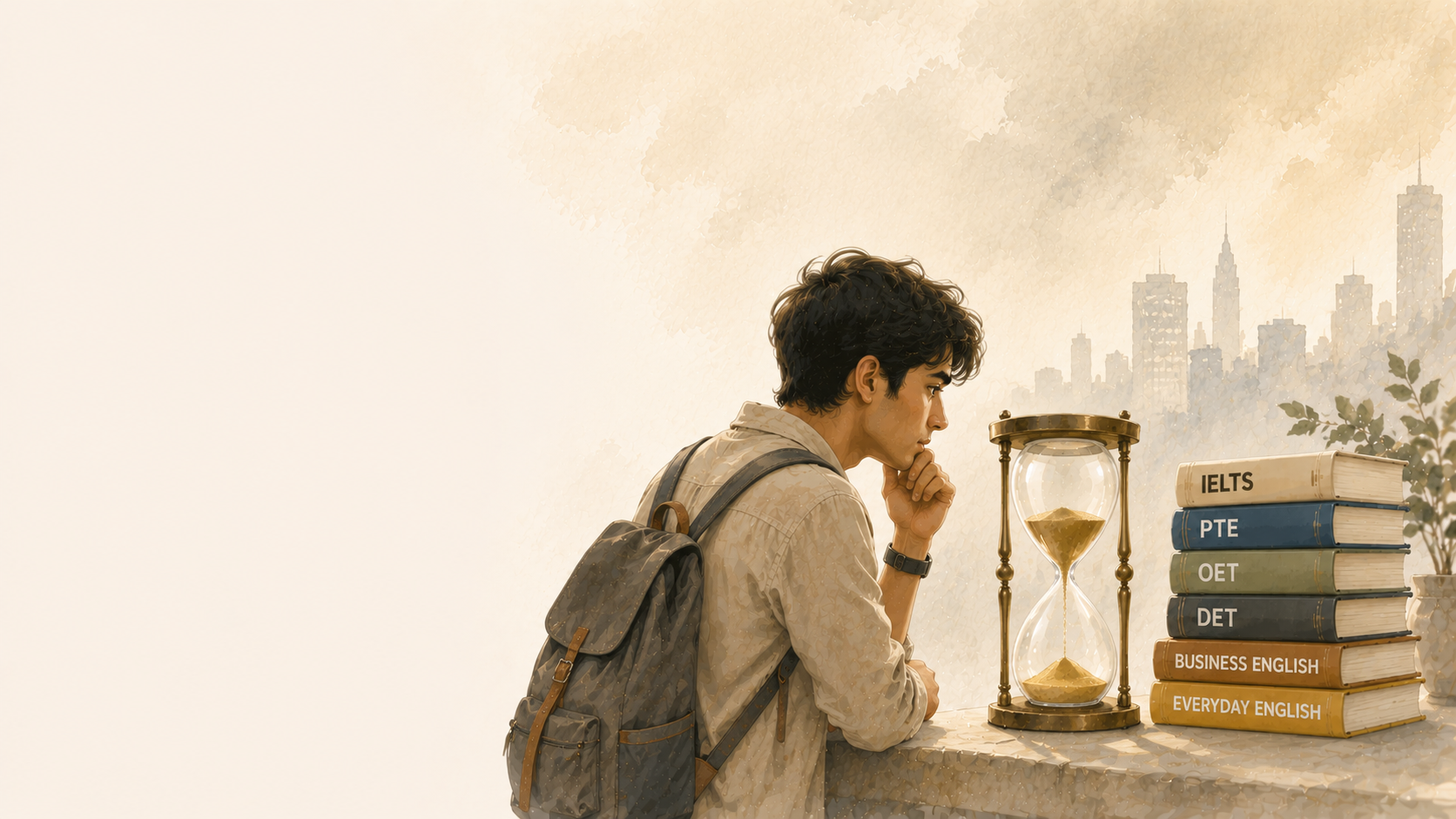 Student studying intensively with IELTS, PTE, OET and Duolingo books alongside an hourglass