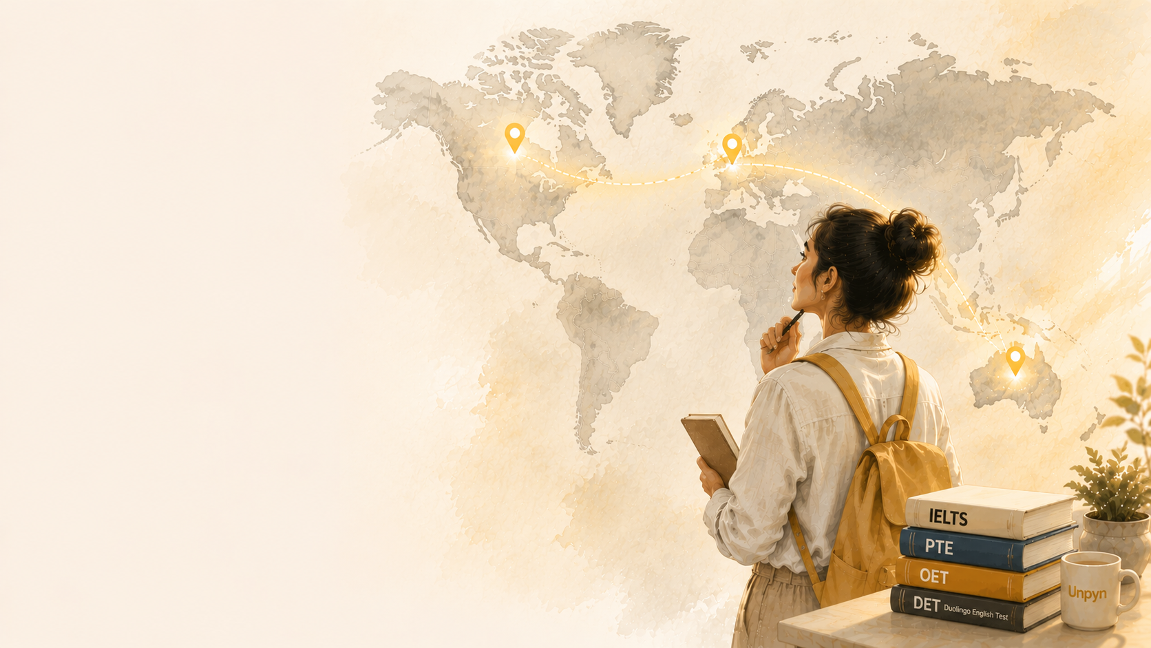 Woman with world map and English test books — IELTS, PTE, OET, Duolingo